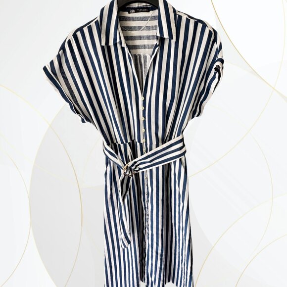 Zara Short Sleeve Linen Cotton Blend Belted Maxi Dress - Picture 1 of 11